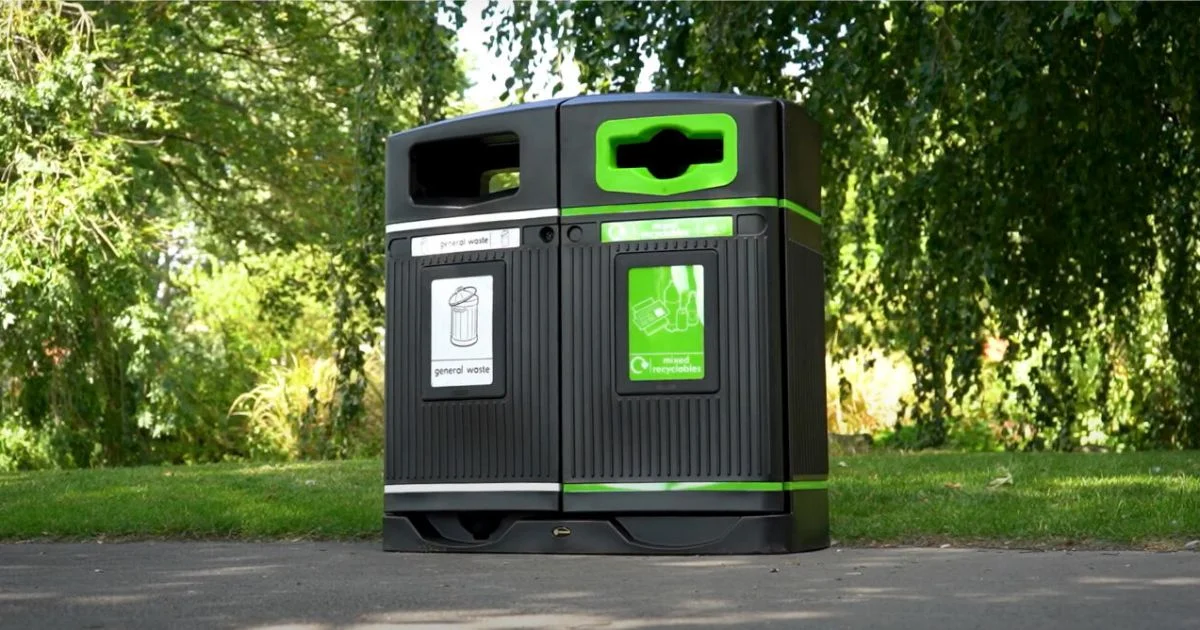 Modern dual-compartment bins for general waste and mixed recyclables